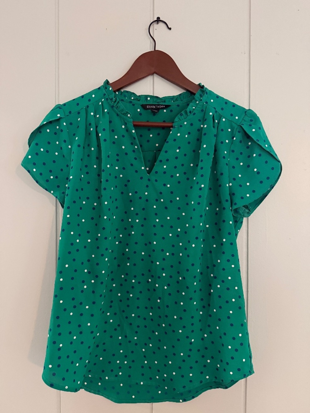 41 Hawthorn S Green Polka Dot Flutter Sleeve Ruffle Neck Blouse